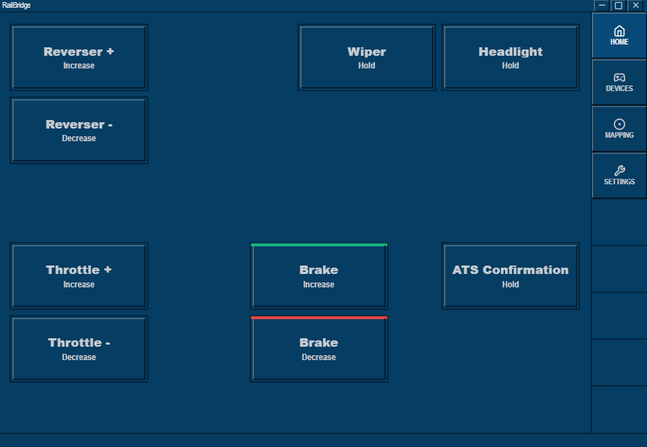 RailBridge custom dashboard with large touch-friendly buttons for throttle, brake, reverser and lighting