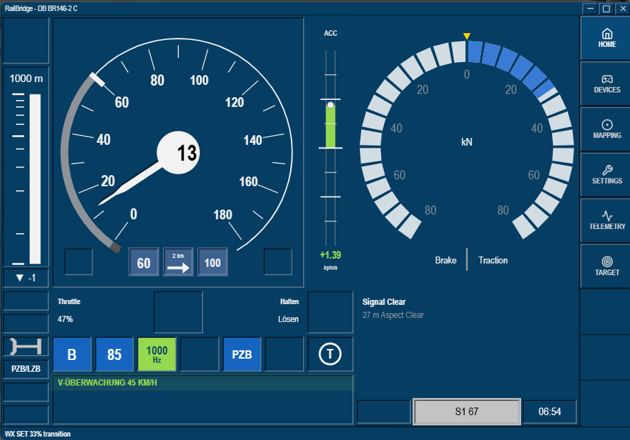 RailBridge dashboard showing PZB train protection lamps, brake effort gauge and signal aspect for Train Sim World 6