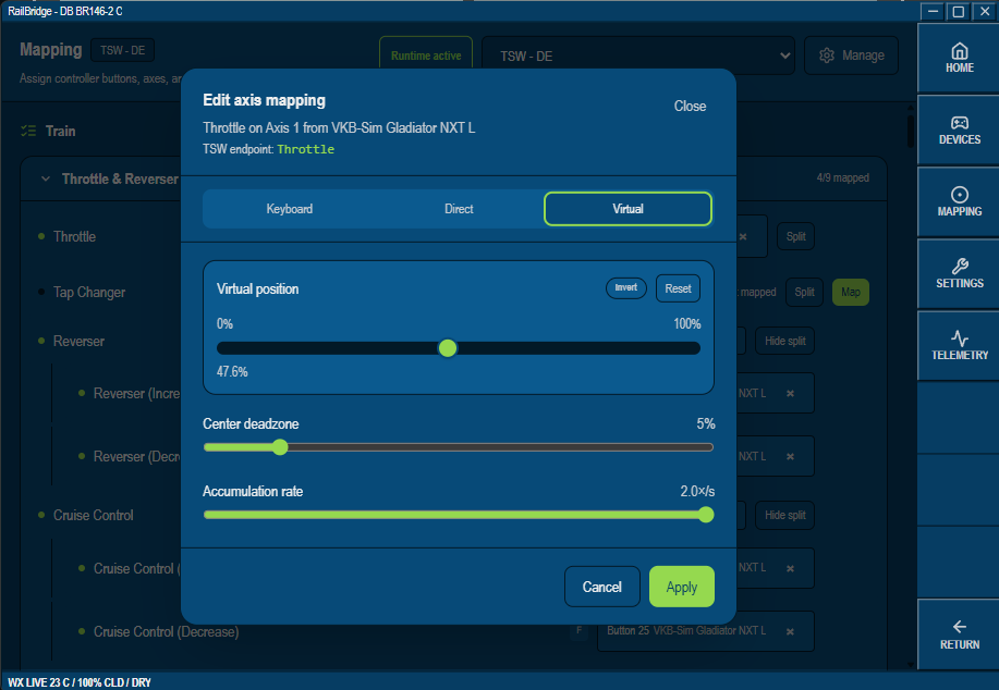 RailBridge axis mapping dialog showing throttle mapped to a HOTAS axis with deadzone and accumulation rate controls